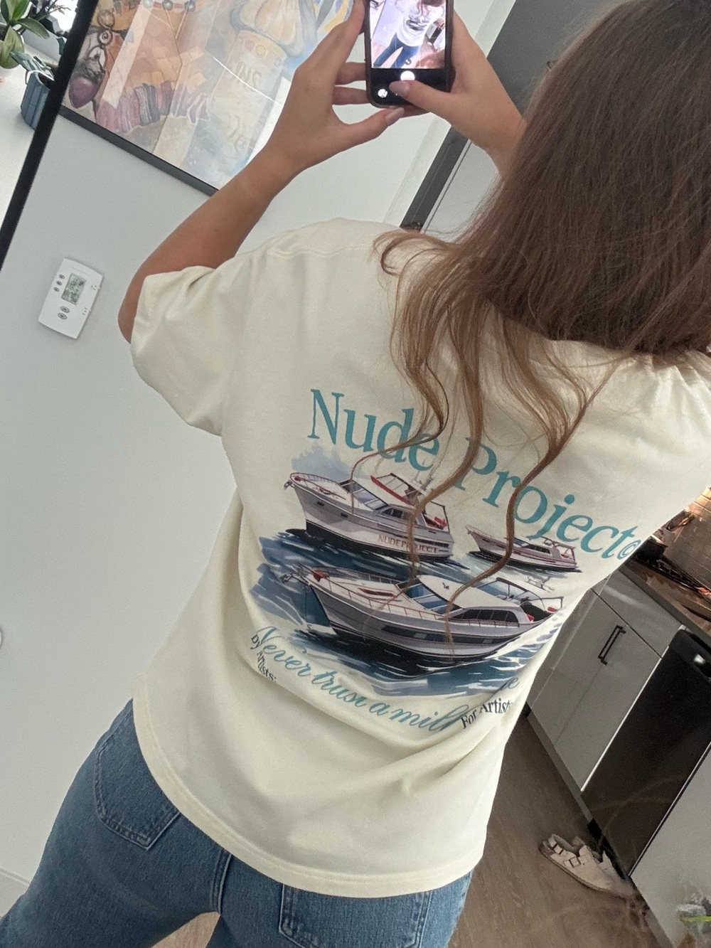 Nude Project “Never Trust a Millionaire” Yacht Print Cream/Ecru Shirt Size Large